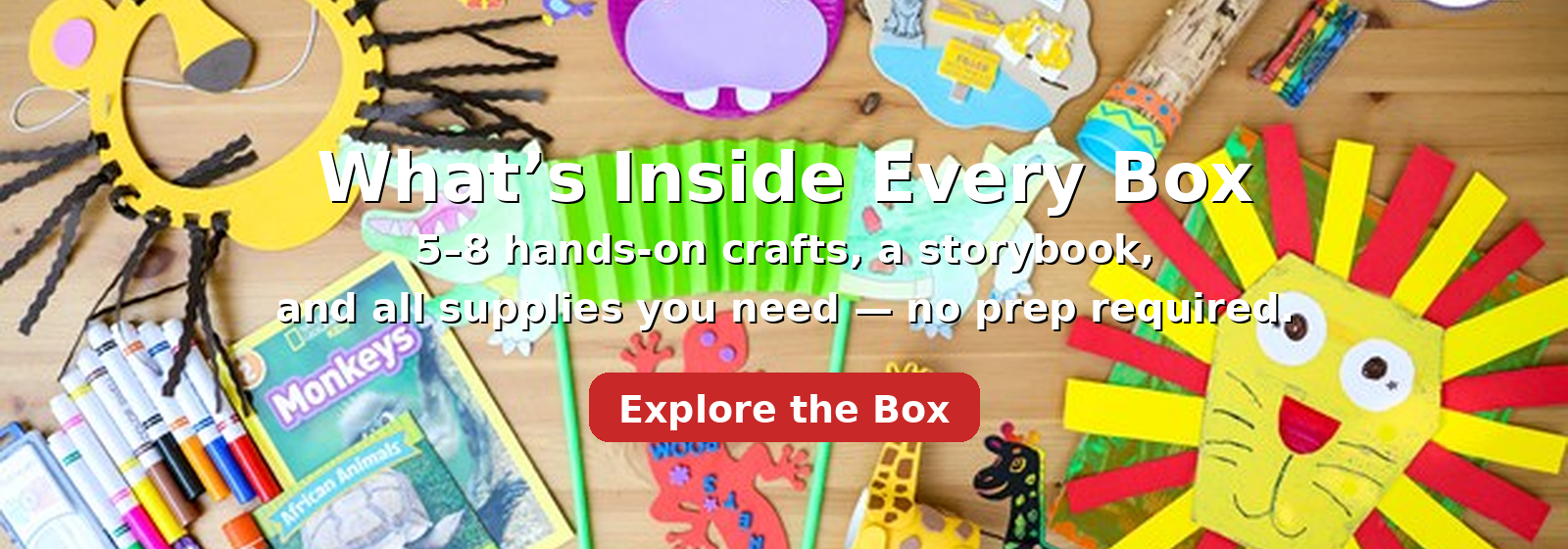 Colorful craft materials and promotional text for a craft kit on a wooden surface.