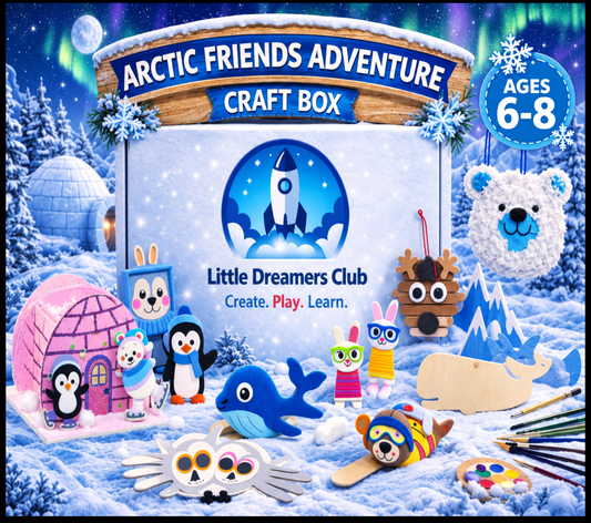 Little Dreamers Club Arctic Friends Adventure Craft Box for kids ages 6–8, featuring an igloo, penguins, a blue whale, a polar bear craft, reindeer ornament, painted animal crafts, and a snowy Arctic scene.