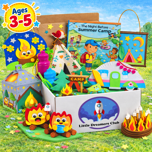 Little Dreamers Club Camping Craft Box for kids ages 3–5, featuring campfire crafts, a teepee, camper trailer, lantern, water bottles, and a summer camp storybook.