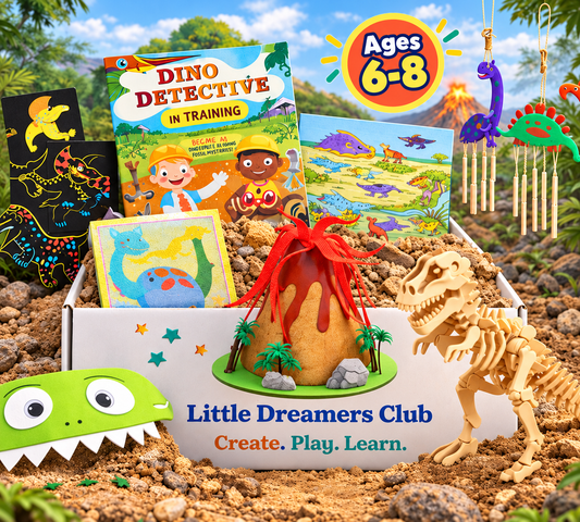 Little Dreamers Club Dinosaur Discovery Craft Box for kids ages 6–8, featuring a wooden T. rex skeleton, erupting volcano craft, dinosaur artwork, hanging dinosaur decorations, and Dino Detective in Training book.