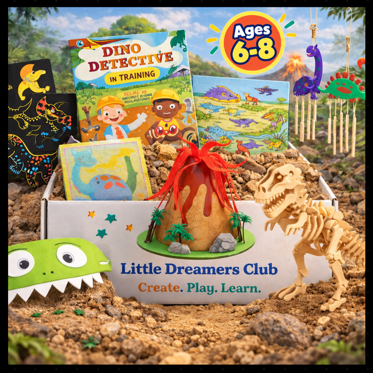 Little Dreamers Club Dinosaur Discovery Craft Box for kids ages 6–8, featuring a wooden T. rex skeleton, erupting volcano craft, dinosaur artwork, hanging dinosaur decorations, and Dino Detective in Training book.