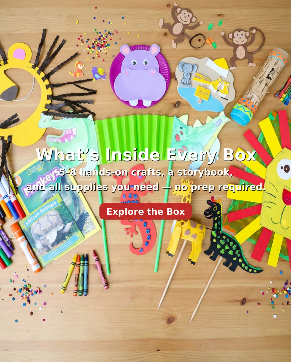 Colorful children's crafts and supplies on a wooden surface with promotional text.