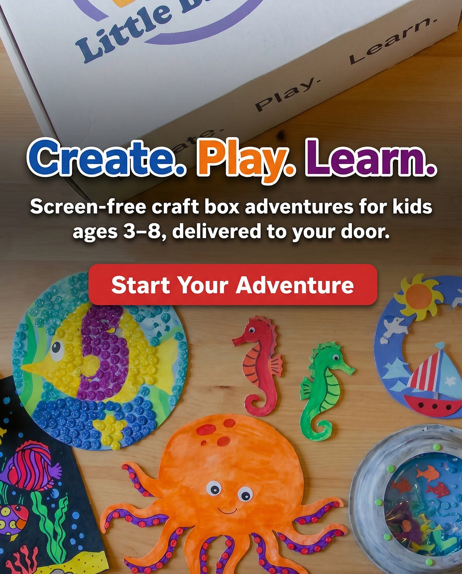 Screen-free craft box adventures for kids with colorful crafts and a 'Create. Play. Learn.' box.