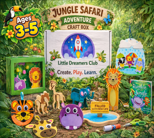 Little Dreamers Club Jungle Safari Adventure Craft Box for kids ages 3–5, featuring colorful lion, tiger, hippo, giraffe, and elephant crafts, a jungle animal diorama, and Rumble in the Jungle book.