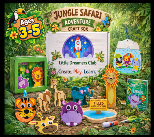 Little Dreamers Club Jungle Safari Adventure Craft Box for kids ages 3–5, featuring colorful lion, tiger, hippo, giraffe, and elephant crafts, a jungle animal diorama, and Rumble in the Jungle book.