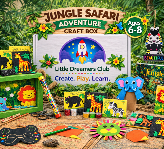 Little Dreamers Club Jungle Safari Adventure Craft Box for kids ages 6–8, featuring colorful lion, elephant, giraffe, zebra and leopard crafts, jungle animal artwork, and safari-themed art supplies.
