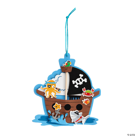 Pirate ship craft with cartoon characters on a white background