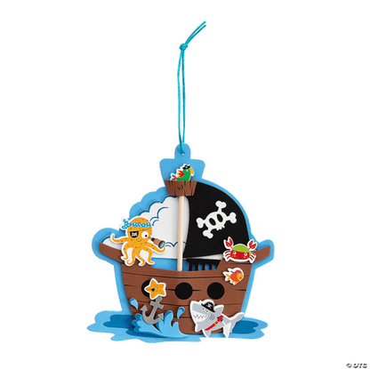 Pirate ship craft with cartoon characters on a white background
