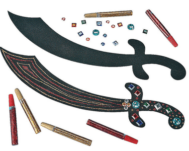 Decorative sword with gemstones and markers on a white background