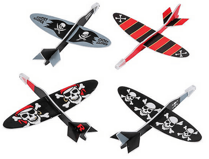 Four gliders with pirate-themed designs on a white background