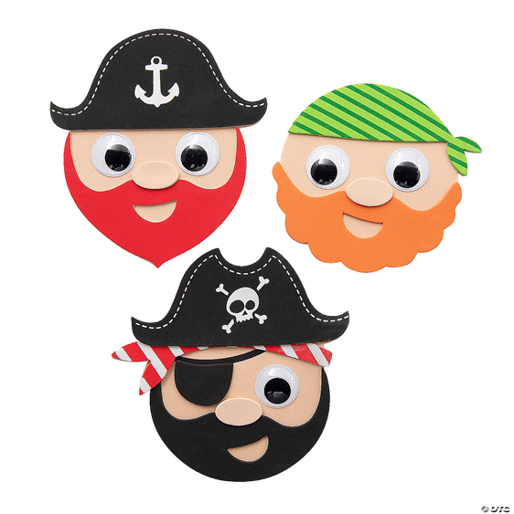 Three cartoon pirate faces with different hairstyles and accessories on a transparent background.