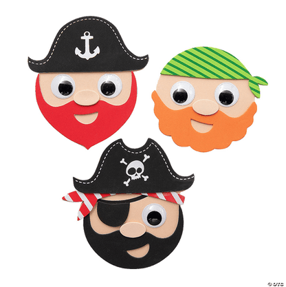 Three cartoon pirate faces with different hairstyles and accessories on a transparent background.