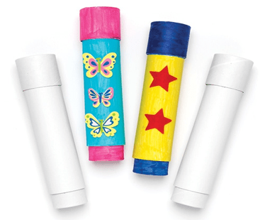 Colorful spyglasses with butterfly and star designs on a white background