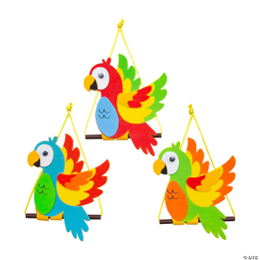 Three colorful parrot crafts on a white background
