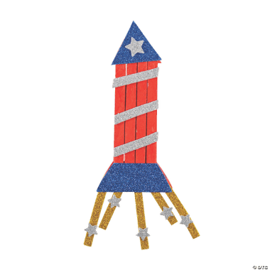 Red, white, and blue craft stick rocket on a white background.