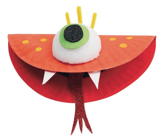 Alien made with paper plate and a half styro-foam ball on a white background