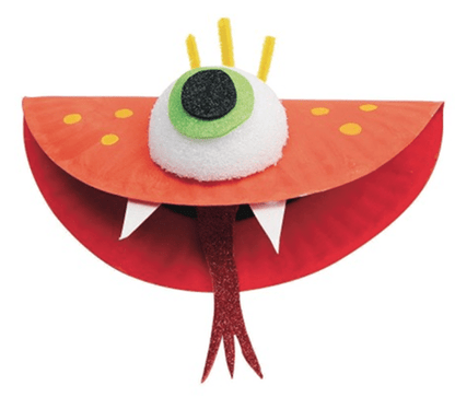 Alien made with paper plate and a half styro-foam ball on a white background