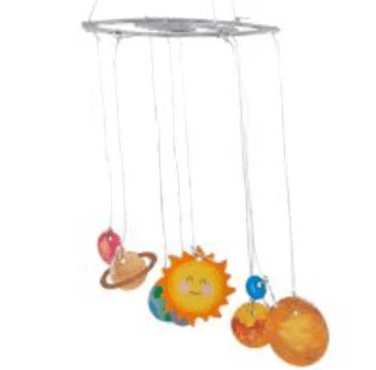 Wooden solar system mobile with planets on a white background