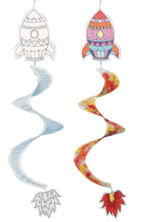 Colorful rocket-shaped wind spinner with a white background
