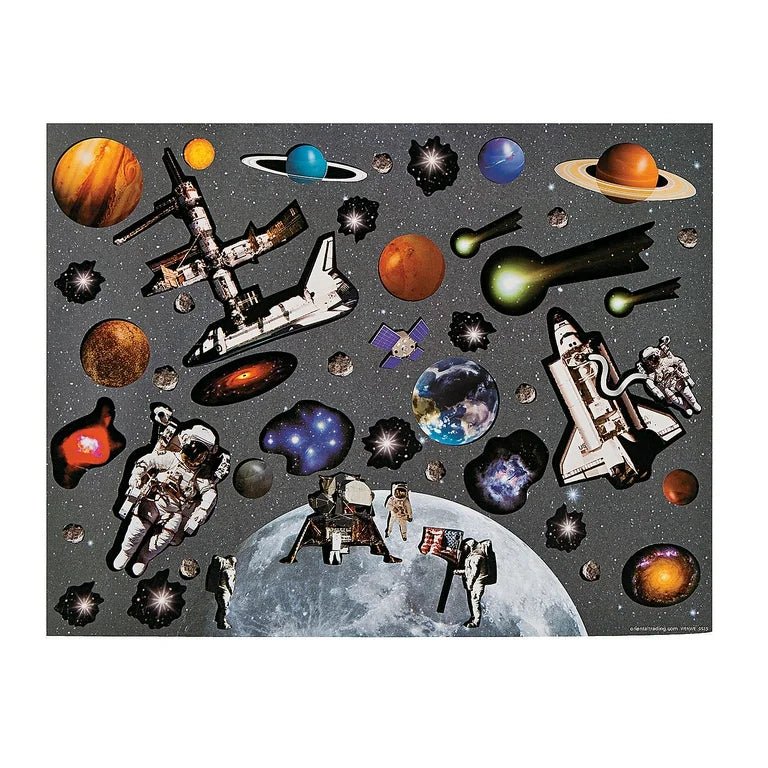Space-themed collage with planets, spaceships, and astronauts on a gray background