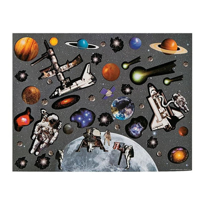 Space-themed collage with planets, spaceships, and astronauts on a gray background