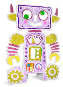 Colorful cardboard robot with a cartoon face and gears on a white background