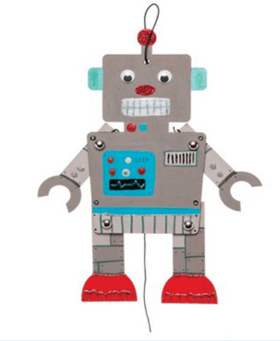 Wooden robot with a gray body, red shoes, and blue accents on a transparent background