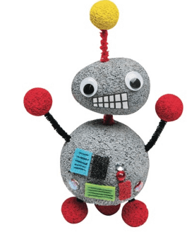Robot craft with a gray body, red limbs, and a yellow ball on top against a white background