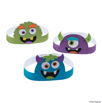 Three colorful monster-themed headbands on a white background