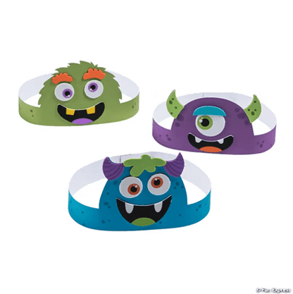 Three colorful monster-themed headbands on a white background