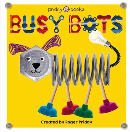 Book cover of 'Busy Bots' by Priddy Books with a robot toy on a yellow background.