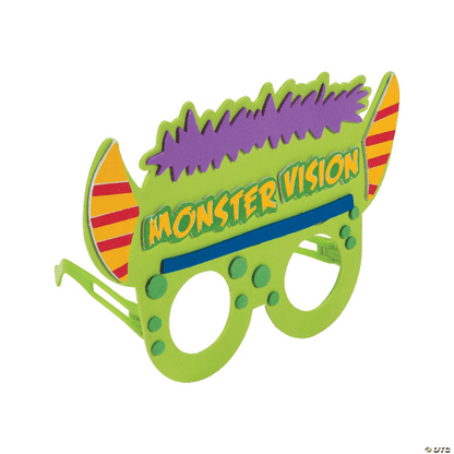 Colorful children's novelty glasses with 'Monster Vision' text on a transparent background