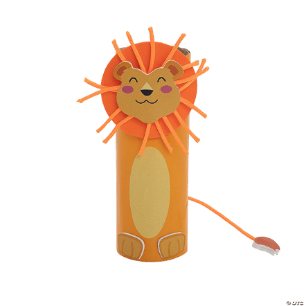 Craft lion made from a paper roll with a happy face on a transparent background