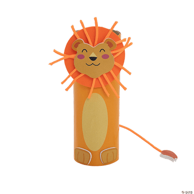 Craft lion made from a paper roll with a happy face on a transparent background