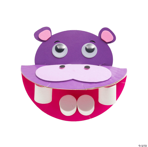 Purple hippo-shape craft with chompers and googly eyes on a transparent background