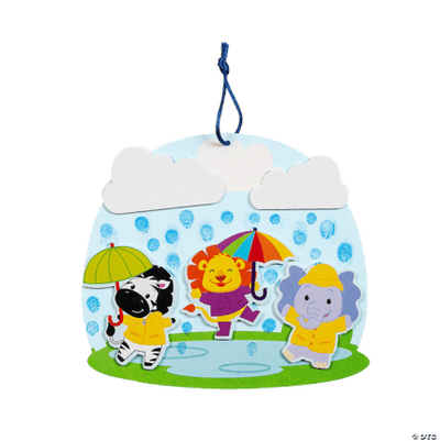 Decorative craft with animal characters in raincoats and umbrellas on a clear background