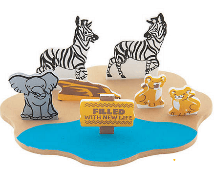 Animals around a pond with text 'Filled with New Life' on a transparent background