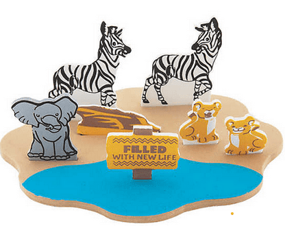 Animals around a pond with text 'Filled with New Life' on a transparent background