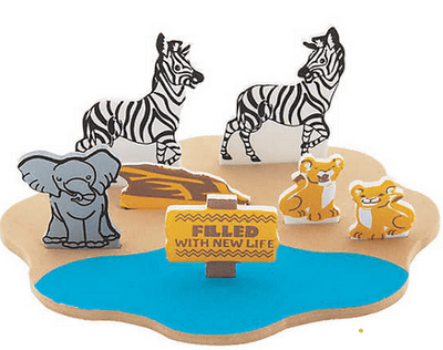 Animals around a pond with text 'Filled with New Life' on a transparent background