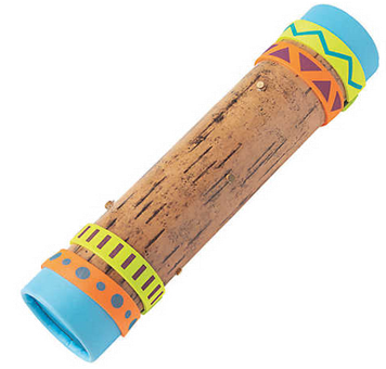Decorative rain stick with colorful banding on a white background