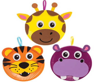 Three animal-themed paper plates with giraffe, tiger, and hippo designs on a white background.