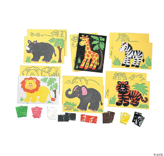 A tile craft with different animal images using sands to decorate on a white background