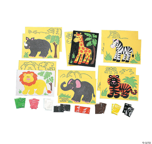 A tile craft with different animal images using sands to decorate on a white background