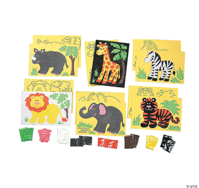 A tile craft with different animal images using sands to decorate on a white background