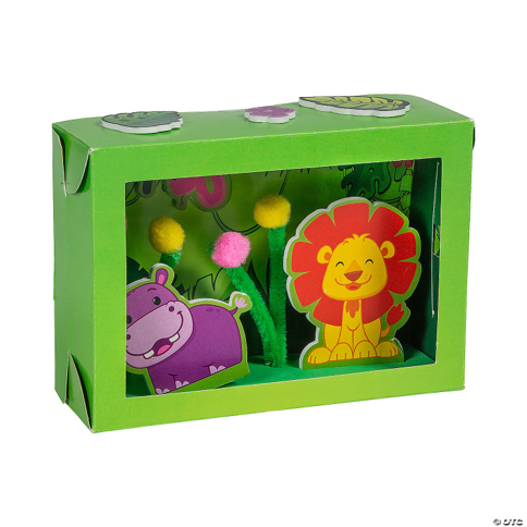 Green gift box with colorful animal figures and flowers on a white background