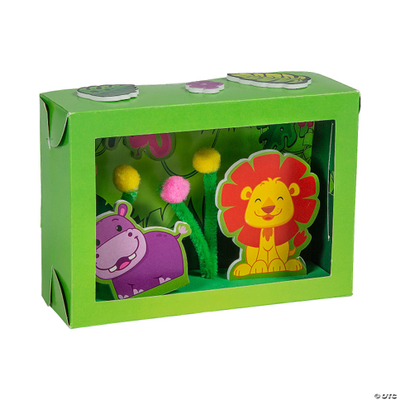 Green gift box with colorful animal figures and flowers on a white background