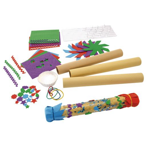 Assorted craft supplies including paper, ribbons, and decorative items on a white background to create a rain stick