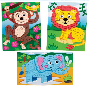 Three colorful animal mosaic craft featuring a monkey, lion, and elephant on a green background.