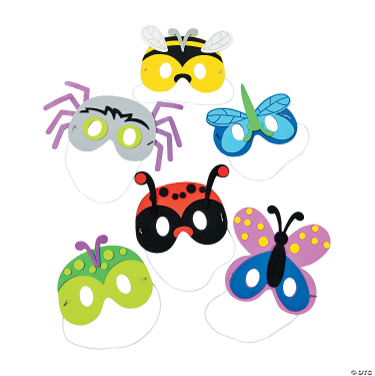 Set of colorful insect-themed masks on a white background