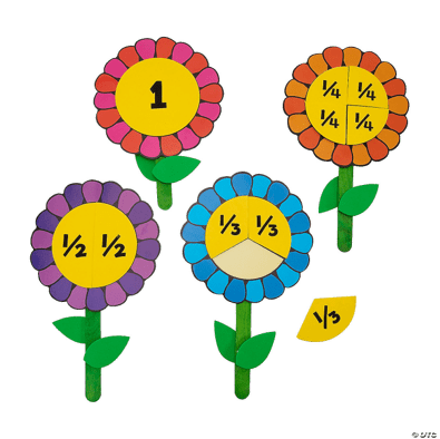 Colorful flower-shaped educational tools with fractions on a transparent background